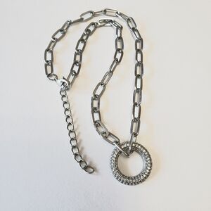 Silver tone Circle pendant with Rhinestones and paper clip chain necklace
